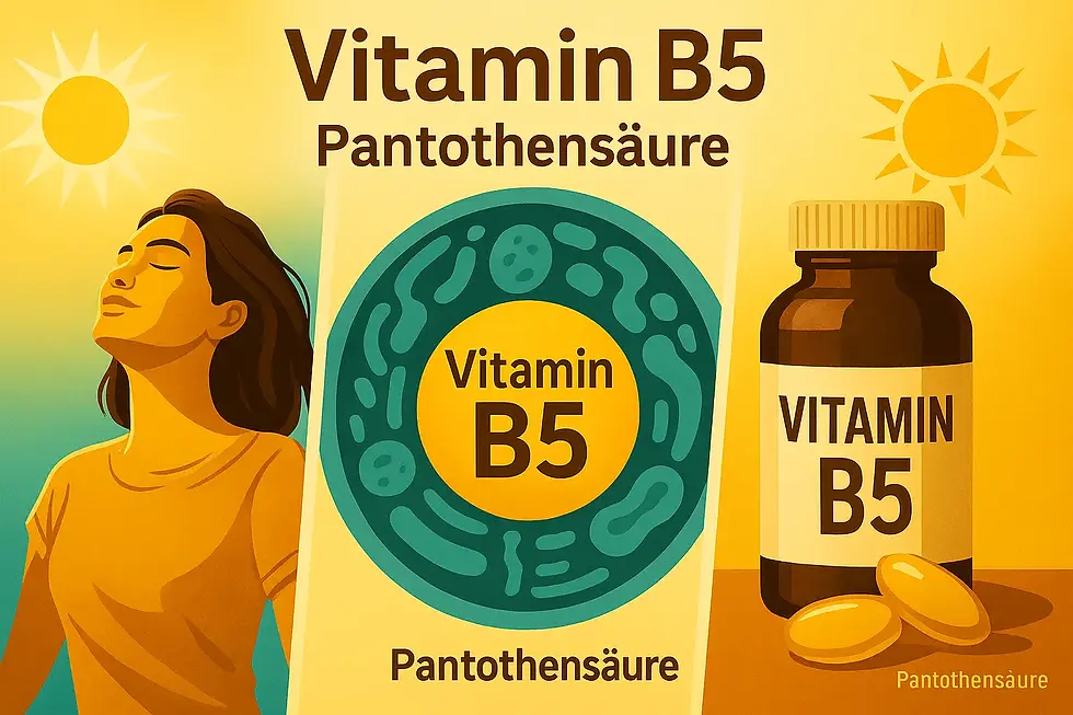 Ein generiertes Bild, auf dem eine Frau, die Sonne und eine Dose Vitamin B5 zu sehen ist.