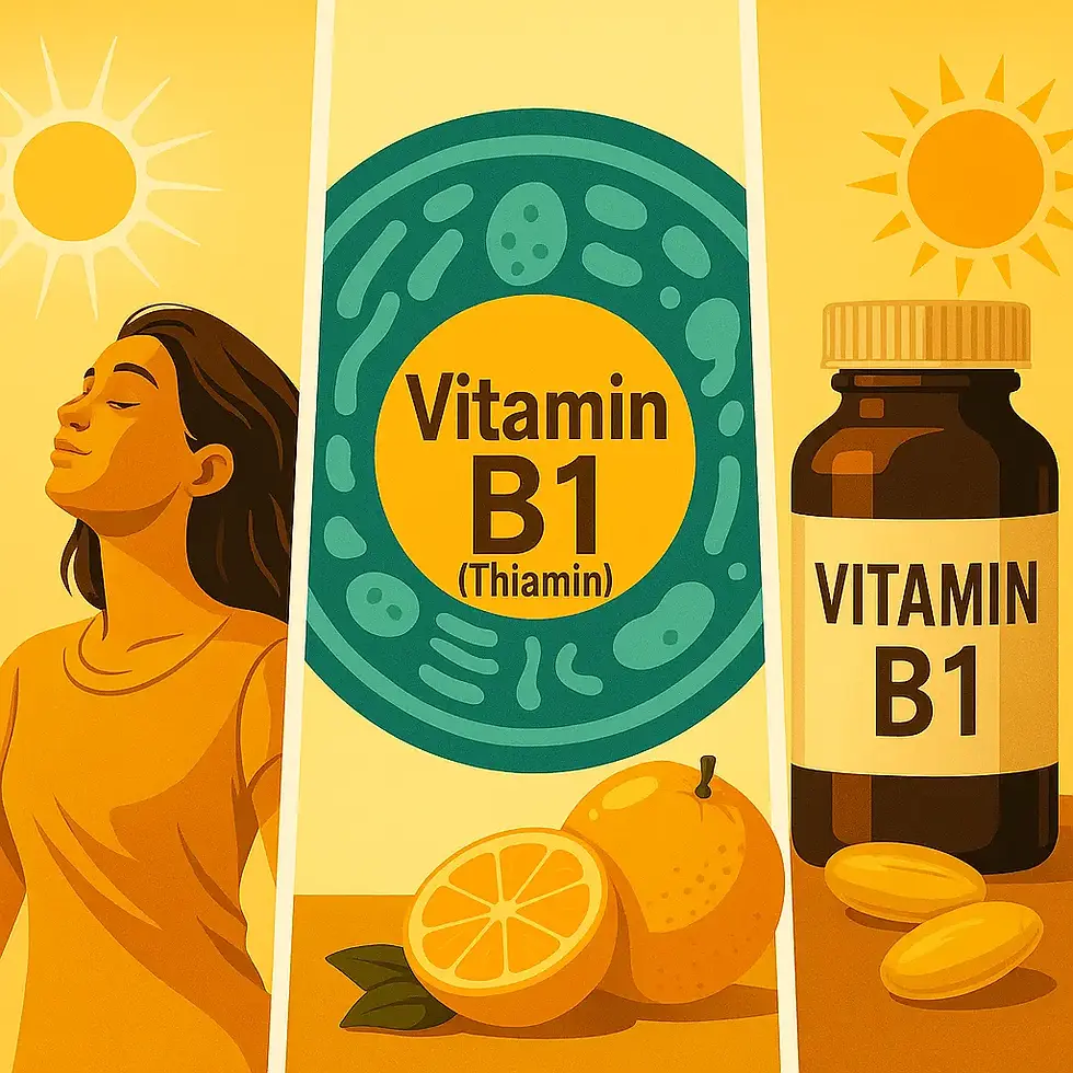 Ein generiertes Bild, auf dem eine Frau, die Sonne und eine Dose Vitamin B1 zu sehen ist.