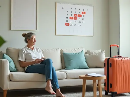 Empregada doméstica relaxando em casa com mala de viagem e calendário ao fundo