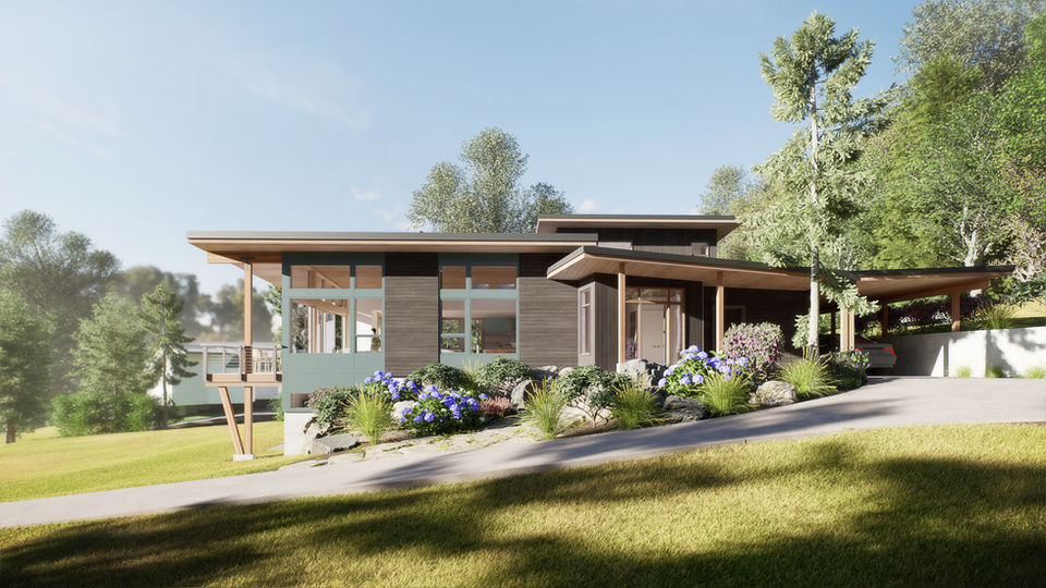 Mid-century modern home with low-slung rooflines and large overhangs in a wooded landscape