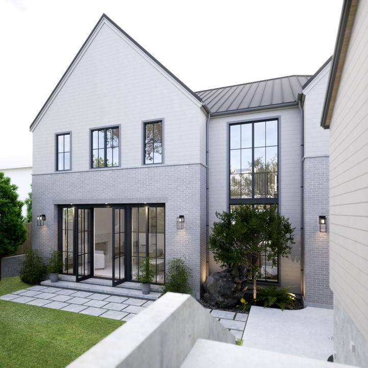 Contemporary European-style residence with tall gables, white brick, and black-framed windows