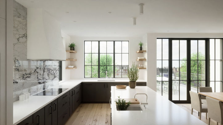 Modern kitchen design with matte black cabinetry, marble backsplash, and steel-frame windows