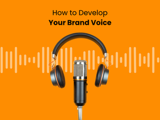 Microphone and headphones on orange background with sound waves. Text: How to Develop Your Brand Voice. Vibrant and professional.