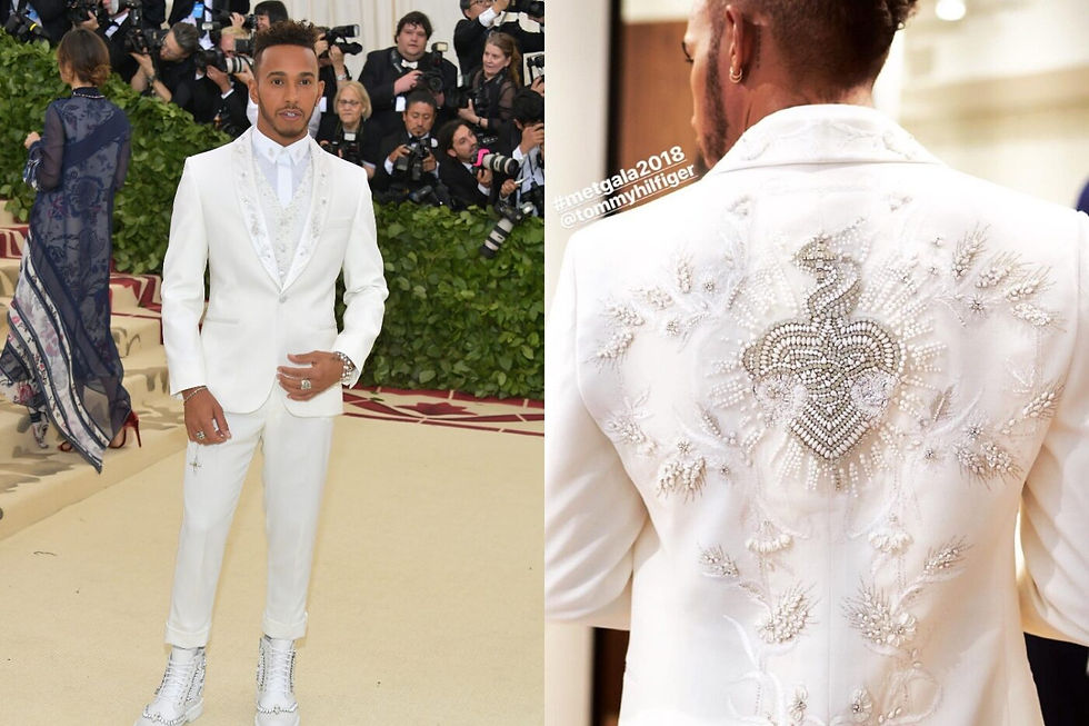 The British driver attended one of the event’s best themes in 2018 with a custom Tommy Hilfiger suit. Courtesy of Dmarge.com.