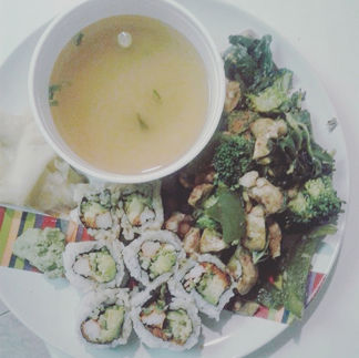 homemade sushi and miso soup for lunch