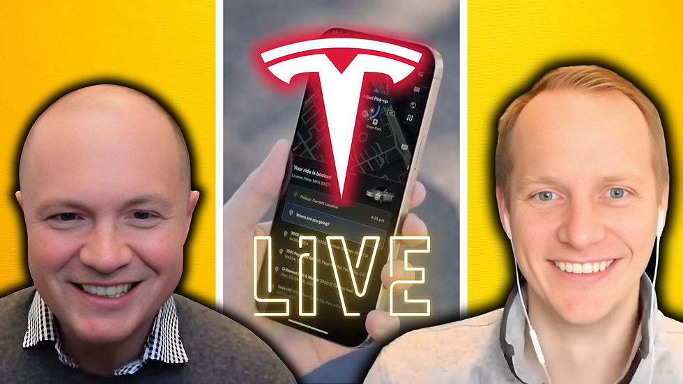 Two smiling individuals flank a phone displaying a map with a Tesla logo above. "LIVE" text and a yellow background set an engaging mood.