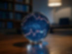 A glass sphere displays digital stock charts, resting on a wooden table in a dimly lit library with shelves and a lamp in the background.