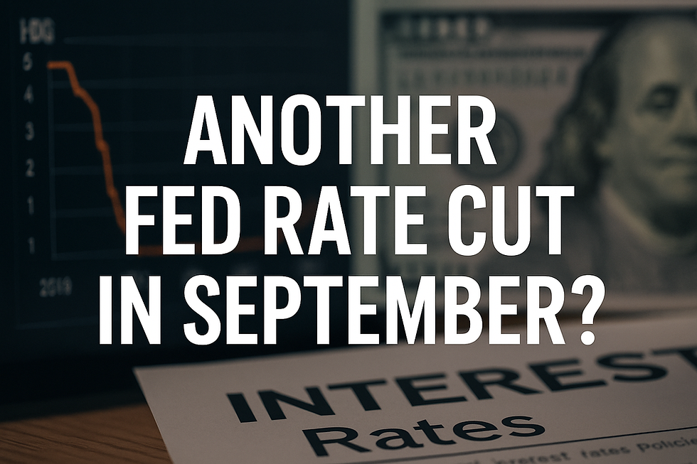 Text "Another Fed rate cut in September?" overlays a graph showing a downward trend and part of a dollar bill background, suggesting economic concerns.