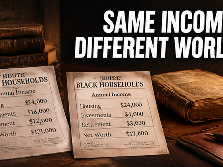 The image illustrates a comparison of financial profiles, showcasing the differences in income, housing, investments, retirement, and net worth between white and black households.