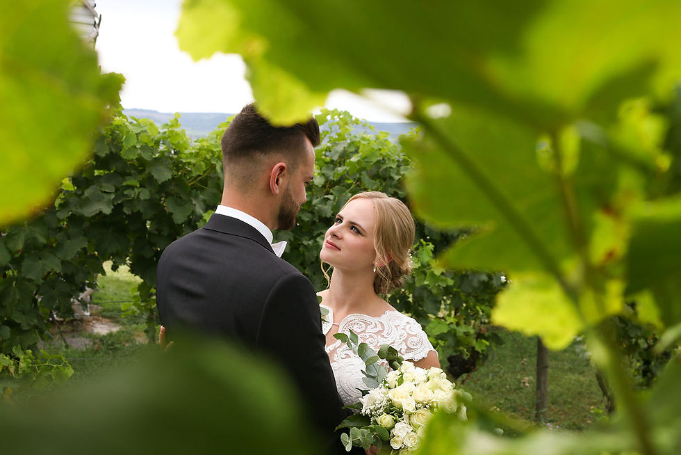 Sicht durch die Weinreben. Dennis hält Yvonne im Arm. Sie blickt ihm tief in die Augen.
