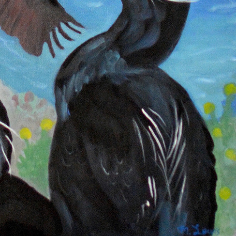 Cropped section of the bottom of a painting of a black bird with white whispy accent feathers on its back. In the background of the painting are green plants and ocean