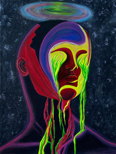 Acrylic painting Lumen Flux, 40x30 cm, by visual artist Francesca Dei, fluorescent portrait, contemporary fine art exploring light, color intensity and modern visual expression.