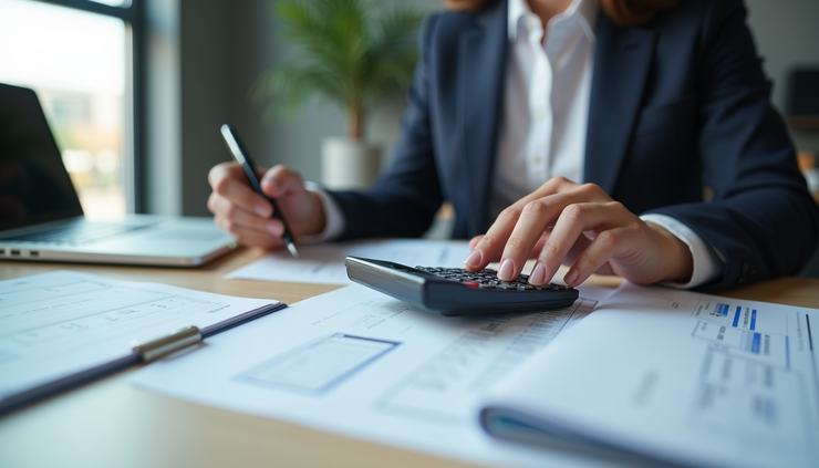 Eye-level view of a tax professional reviewing documents with a calculator on the desk