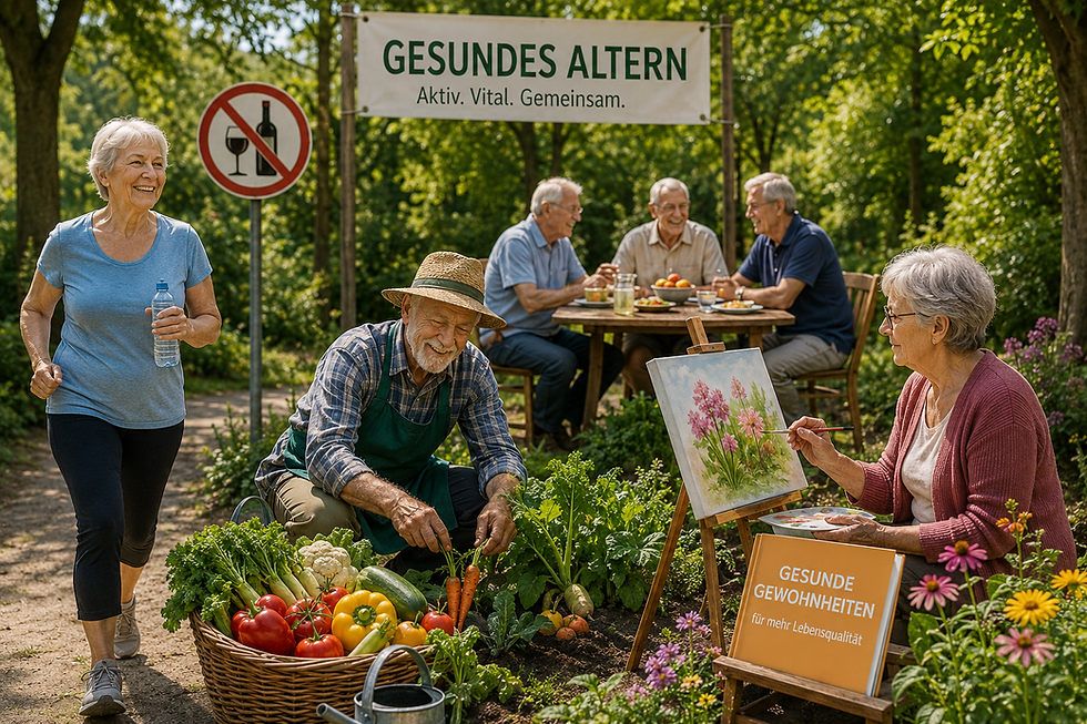 Senioren beim Gärtnern, Malen und Sport für gesundes Altern.