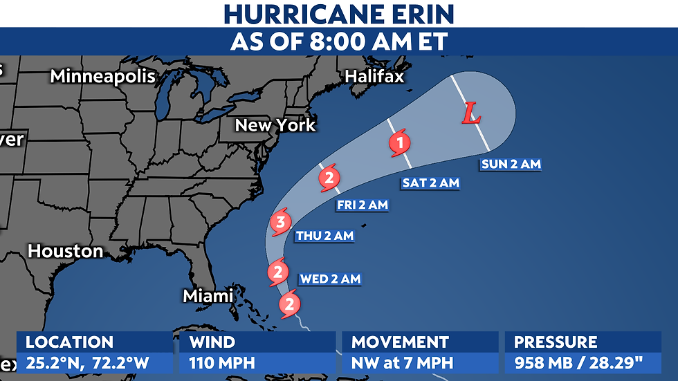 Projeções mostram que Erin não vai atingir continente, mas vai provocar ventania e chuvas fortes