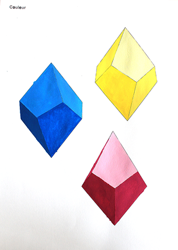 Peinture des différentes faces en volume de cristaux à la gouache par Joris