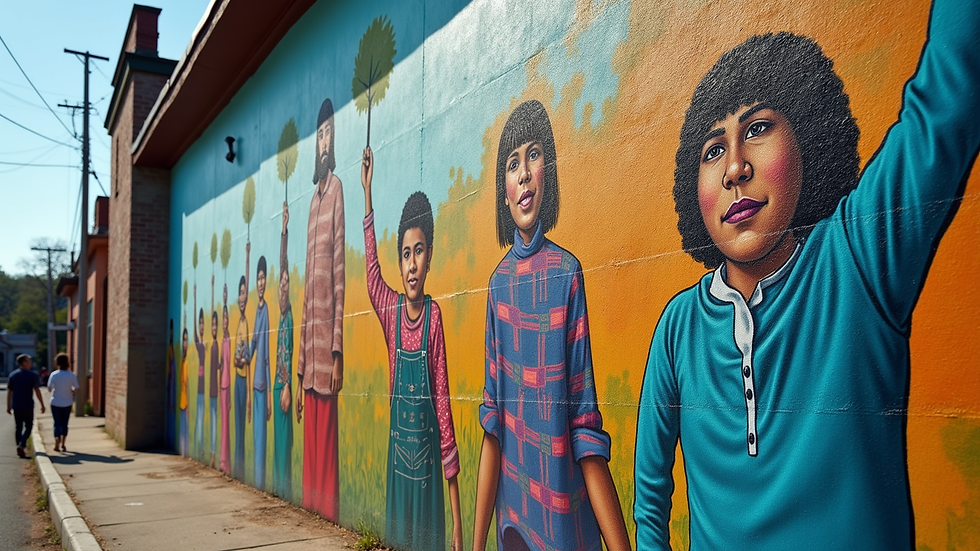 Eye-level view of a colorful mural depicting a vibrant community scene