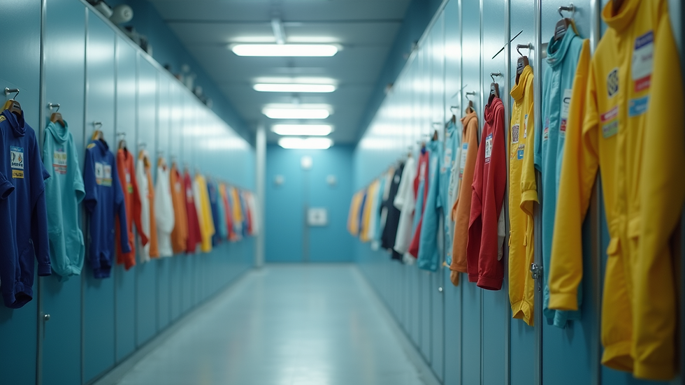 Eye-level view of a professional cleaning facility with race suits hanging
