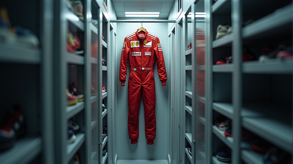 High angle view of a race suit hanging in a ventilated storage area