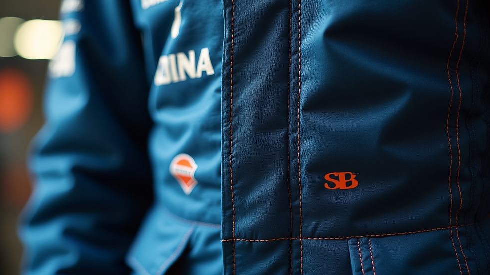 Close-up view of a race suit fabric showing texture and stitching