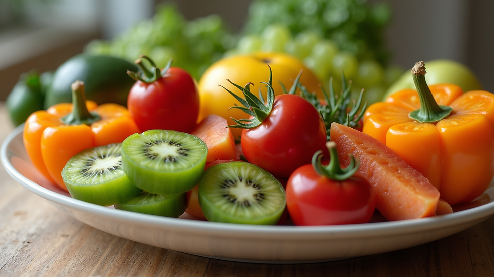 Close-up view of a colorful plate filled with fresh fruits and vegetables
