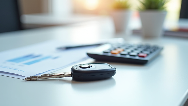Car key, calculator, and budget charts for a first car guide
