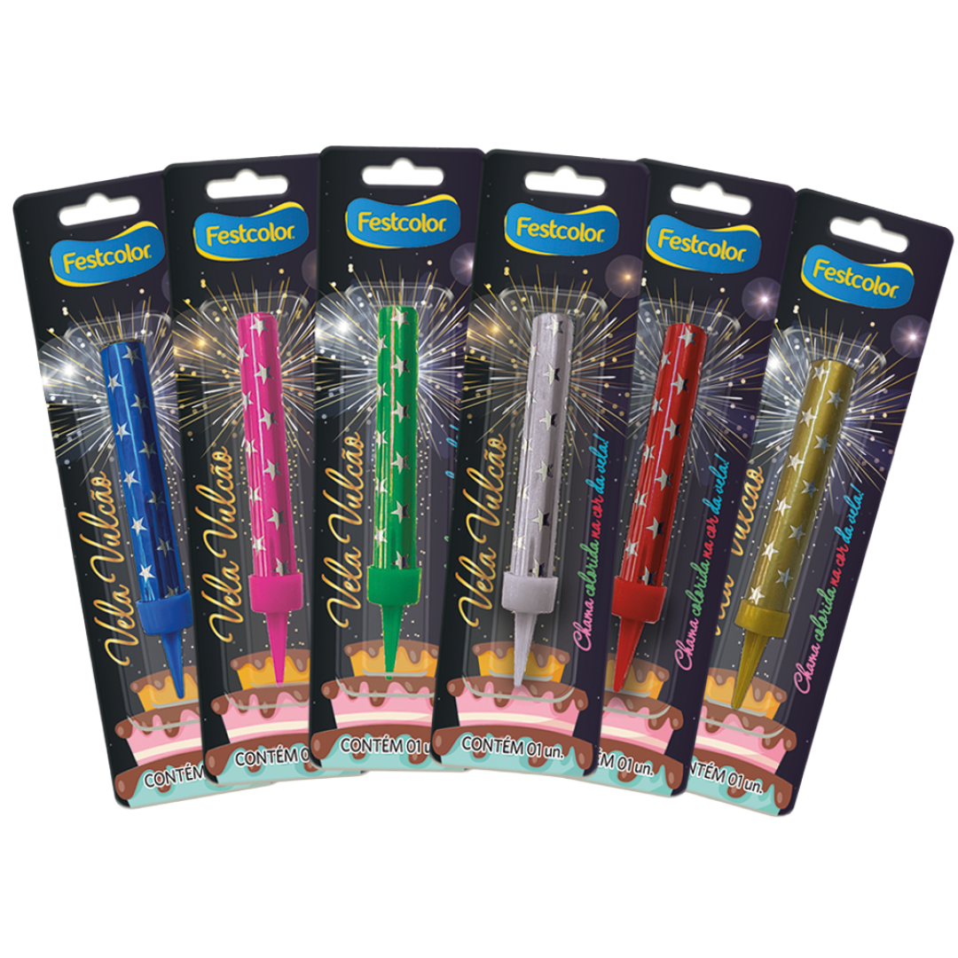 Vela de Aniversário Vulcão Chama Colorida Várias Cores Fenix Design Studio