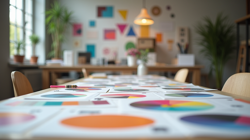 Eye-level view of a modern design studio workspace with colorful samples