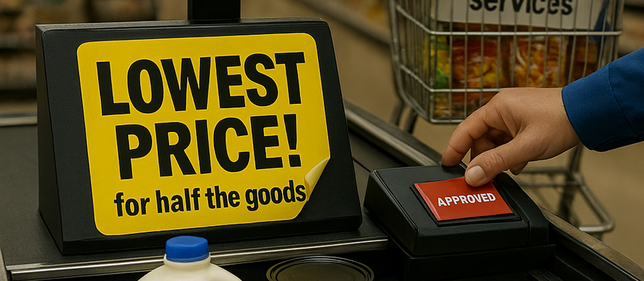 Grocery checkout with warning signs: “+15% surcharge next trip” and “Lowest price—for half the goods,” symbolizing New Castle County’s low taxes for partial services.