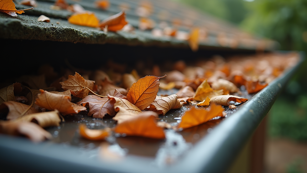 Close-up view of a gutter filled with leaves and debris before cleaning