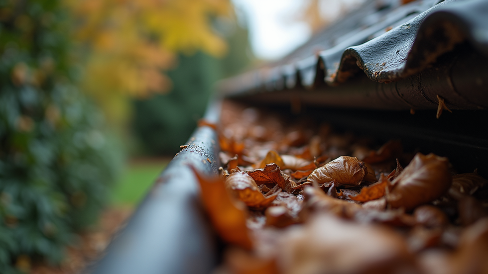 Close-up view of clogged gutter filled with leaves and debris