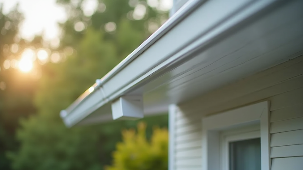 Eye-level view of seamless aluminum gutters installed on a house exterior