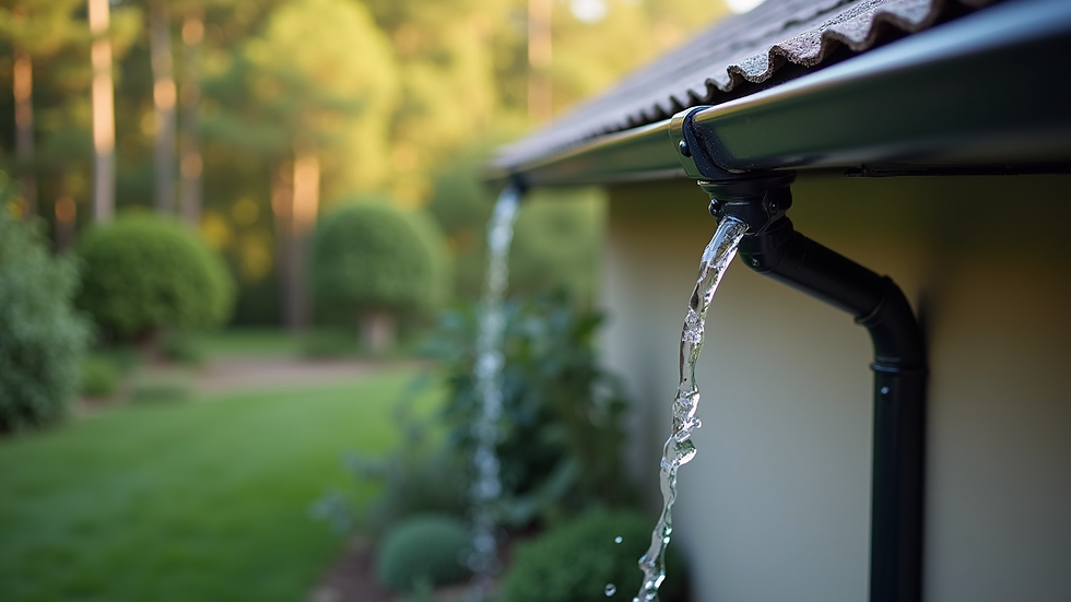 High angle view of a Cascade rain gutter system directing water away from a home foundation