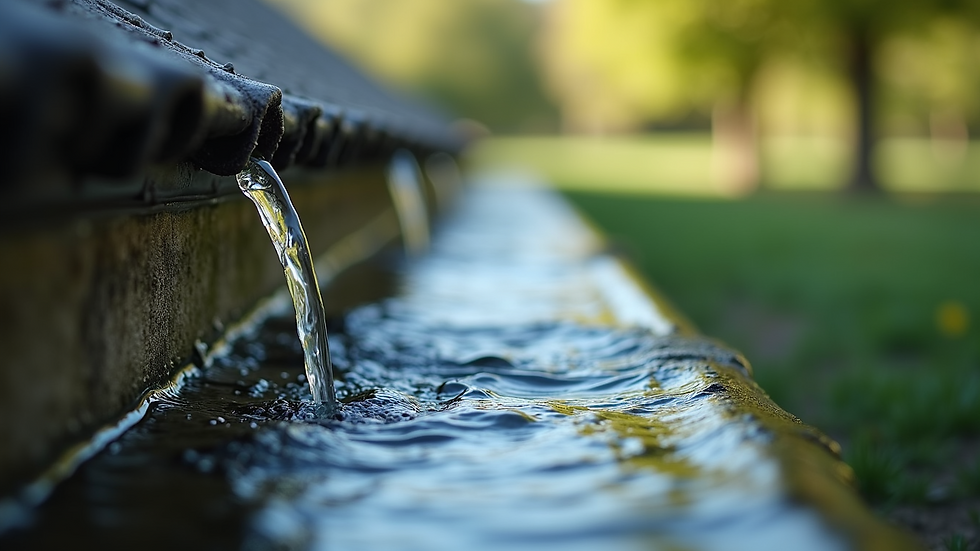 Close-up view of clean gutters with water flowing freely