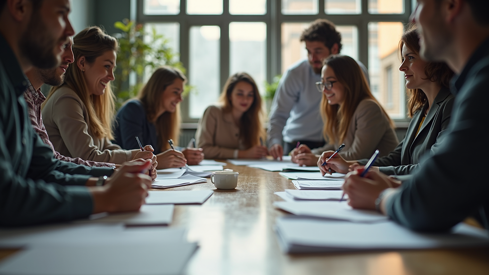 Eye-level view of a marketing team brainstorming around a table