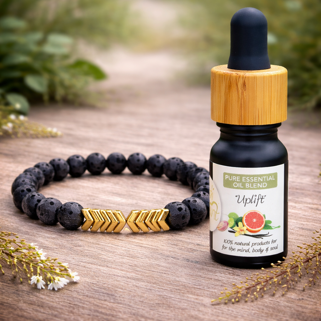 Gold Hematite Arrows Lava Stone Bracelet + 'Uplift' Essential Oil