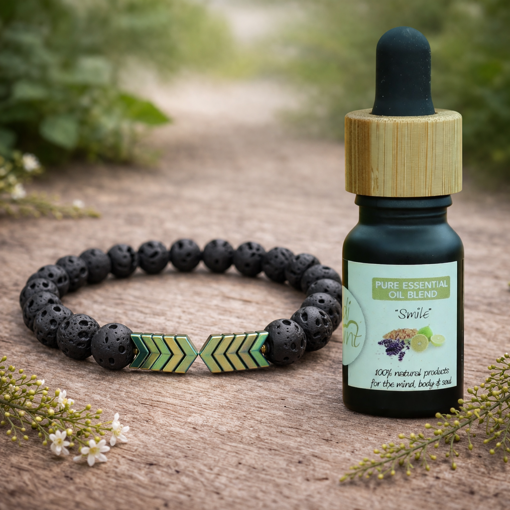Green Hematite Arrows Lava Stone Bracelet + 'Smile' Essential Oil