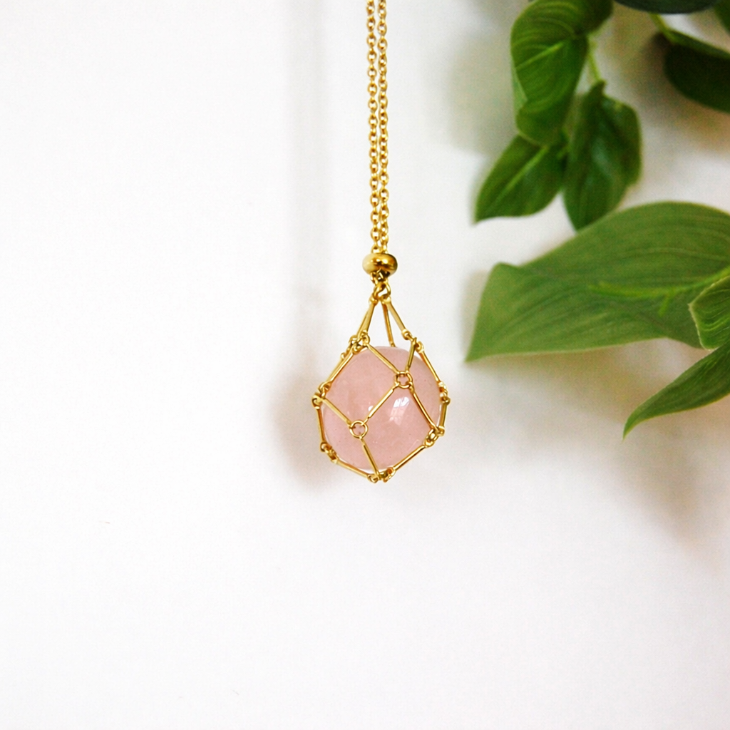 18k Gold Plated Crystal Necklace Pouch (Interchangeable) + Rose Quartz