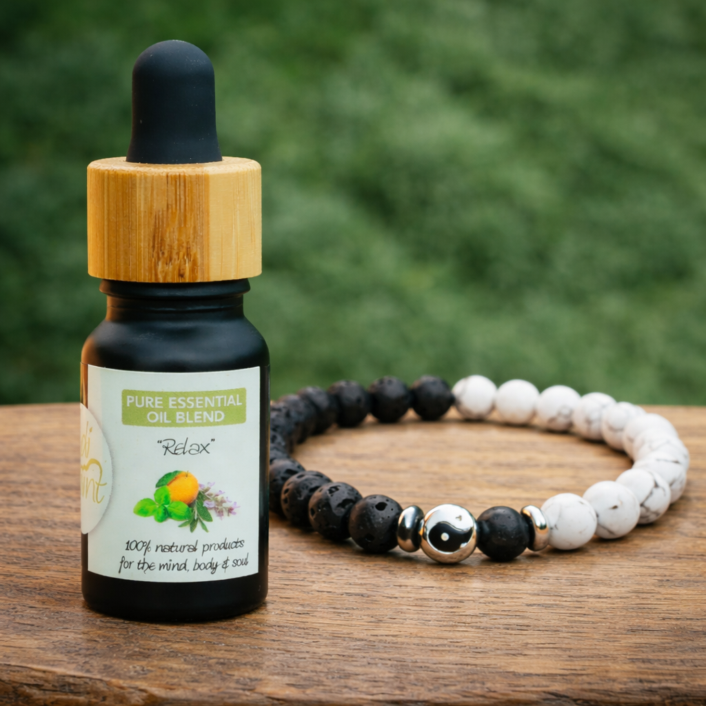White Howlite Yin & Yang Lava Stone Bracelet + 'Relax' Essential Oil
