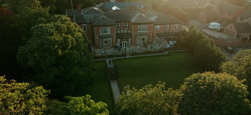 Drone aerial view of Ashfield House wedding venue in Lancashire