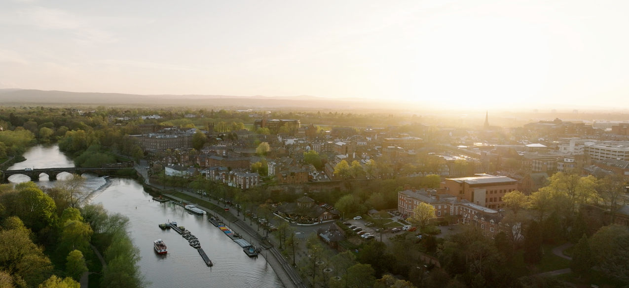 Aerial view of Old Palace Chester wedding venue by the river in Cheshire
