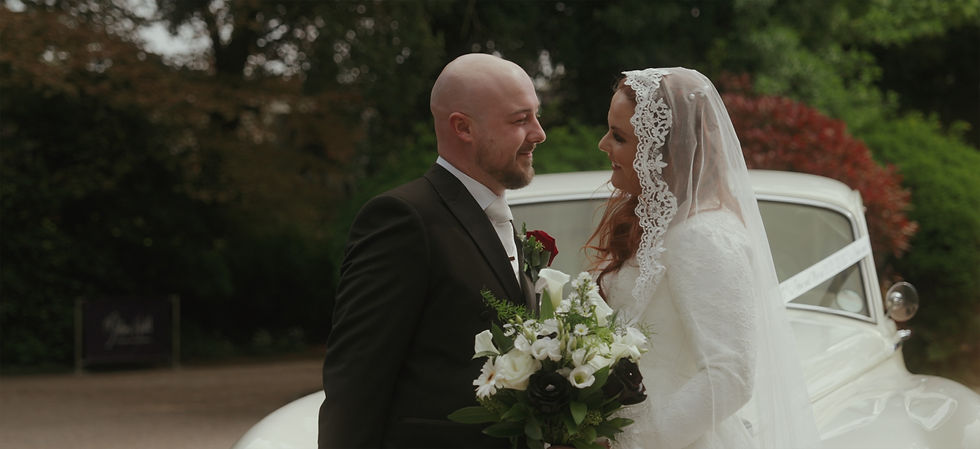 Bride & Groom in front of wedding car at Mitton Hall