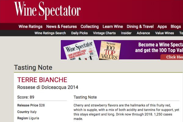 Ritaglio stampa: Wine Spectator, 2016 - Terre Bianche, Dolceacqua