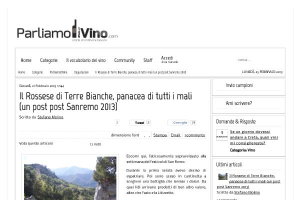 Ritaglio stampa: Parliamo di Vino, 2013 - Terre Bianche, Dolceacqua
