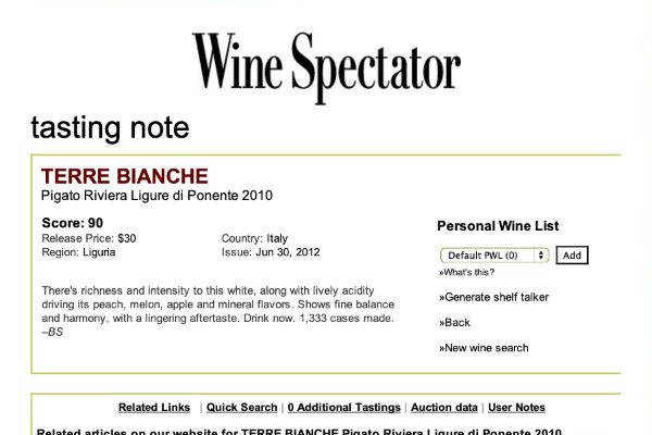 Ritaglio stampa: Wine Spectator, 2012 - Terre Bianche, Dolceacqua