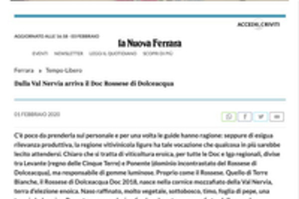 Ritaglio stampa: La Nuova Ferrara, 2020 - Terre Bianche, Dolceacqua