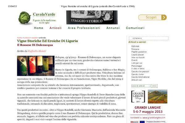 Ritaglio stampa: Cavolo Verde, 2013 - Terre Bianche, Dolceacqua