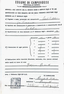 Déclaration de production de vin d'Adino Rondelli, commune de Camporosso, 1936