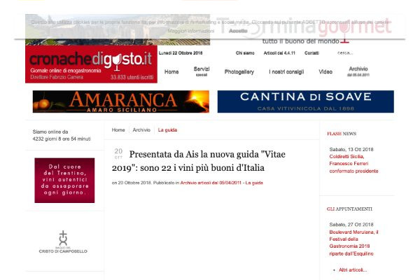 Ritaglio stampa: Cronache di Gusto, 2018 - Terre Bianche, Dolceacqua