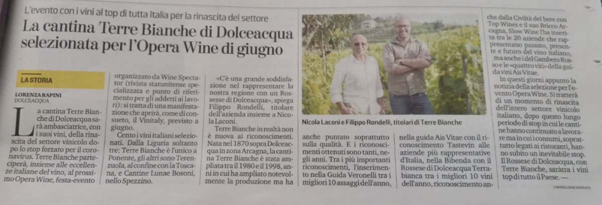 Articolo di La Stampa (Novembre 2020) su Terre Bianche e il Rossese di Dolceacqua